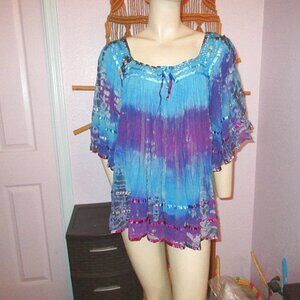 Krishma Crinkle Gauze Peasant Tunic Top Crochet Yoke Fits XL 1X 2X Hippie Fairy